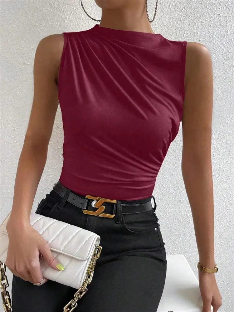Women's Casual Mock Neck Ruched Tank Top Summer 2025 Solid Color Slim Fit Pleated Sleeveless T Shirt Tee Tshirt Streetwear