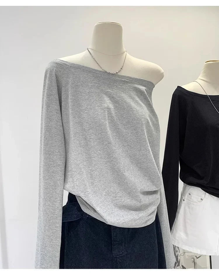 Autumn Winter One Shoulder Cotton Long Sleeve Slant Shoulder Dress with Wide Ruffles – Women’s Clothing