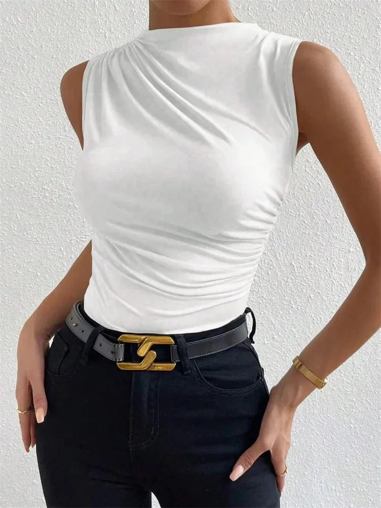 Women's Casual Mock Neck Ruched Tank Top Summer 2025 Solid Color Slim Fit Pleated Sleeveless T Shirt Tee Tshirt Streetwear