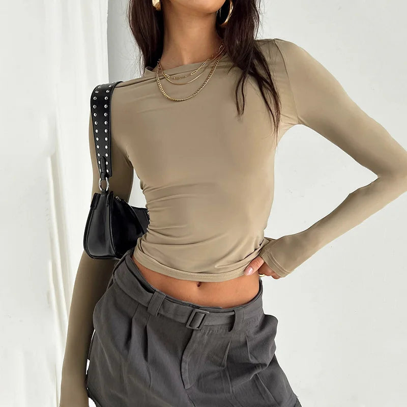 2025 Spring Autumn Women Y2K Pink T-Shirt Causal Long Sleeve Crop Tops O Neck Pullovers Base Tees Bodycon Slim Fit T Shirt