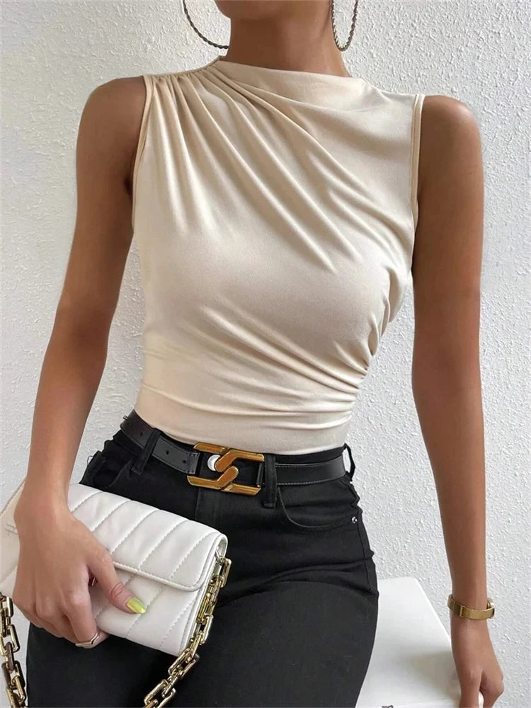 Women's Casual Mock Neck Ruched Tank Top Summer 2025 Solid Color Slim Fit Pleated Sleeveless T Shirt Tee Tshirt Streetwear
