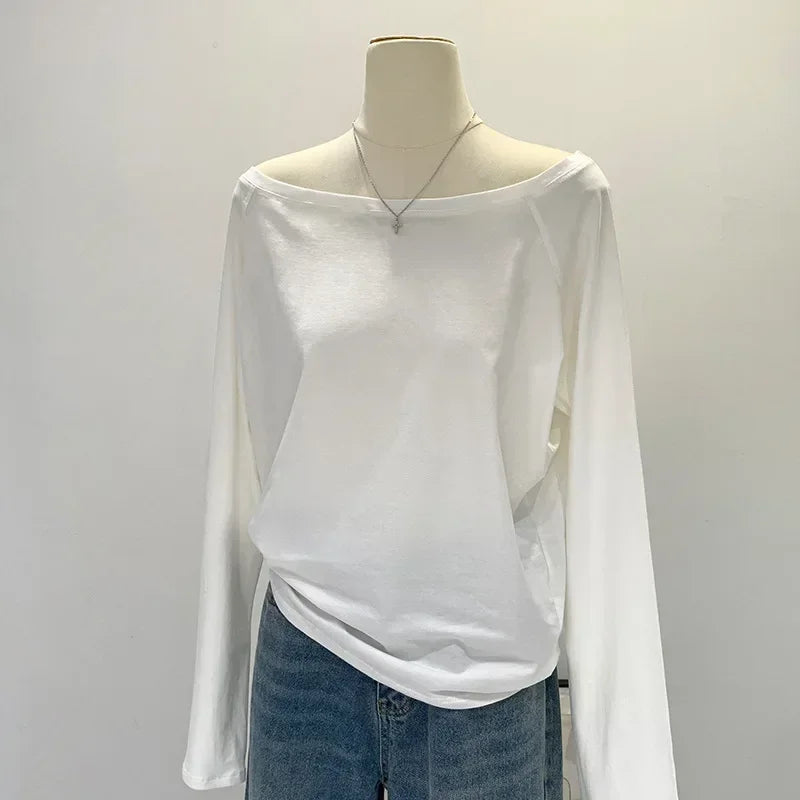 Autumn Winter One Shoulder Cotton Long Sleeve Slant Shoulder Dress with Wide Ruffles – Women’s Clothing