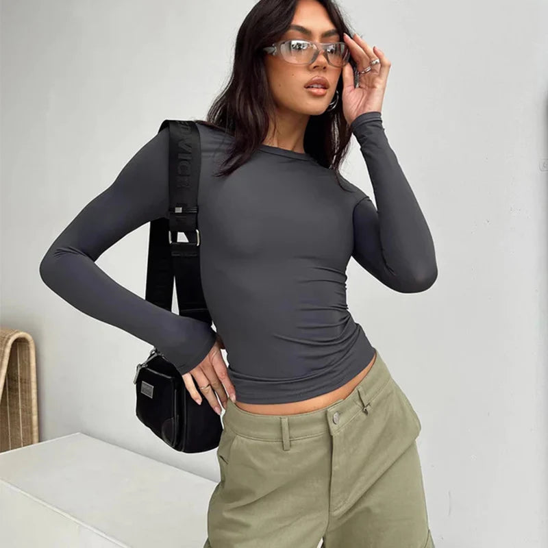 2025 Spring Autumn Women Y2K Pink T-Shirt Causal Long Sleeve Crop Tops O Neck Pullovers Base Tees Bodycon Slim Fit T Shirt