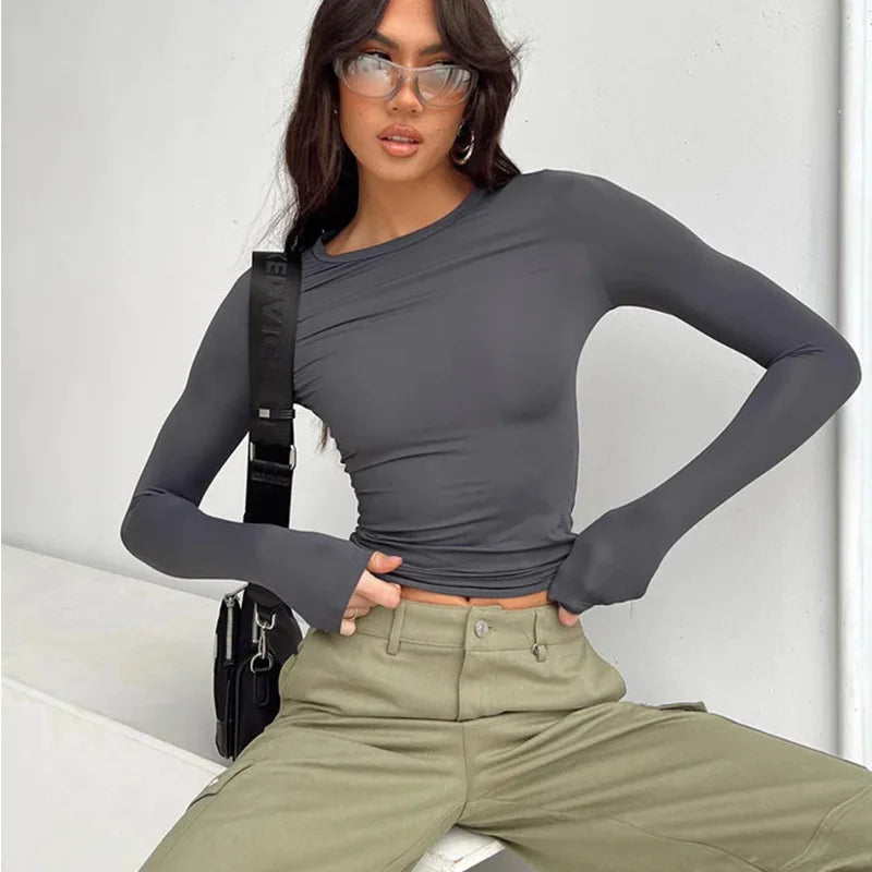 2025 Spring Autumn Women Y2K Pink T-Shirt Causal Long Sleeve Crop Tops O Neck Pullovers Base Tees Bodycon Slim Fit T Shirt
