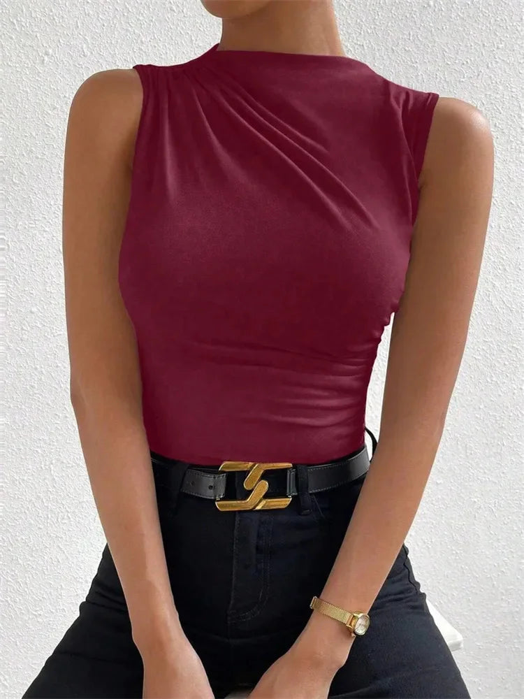 Women's Casual Mock Neck Ruched Tank Top Summer 2025 Solid Color Slim Fit Pleated Sleeveless T Shirt Tee Tshirt Streetwear