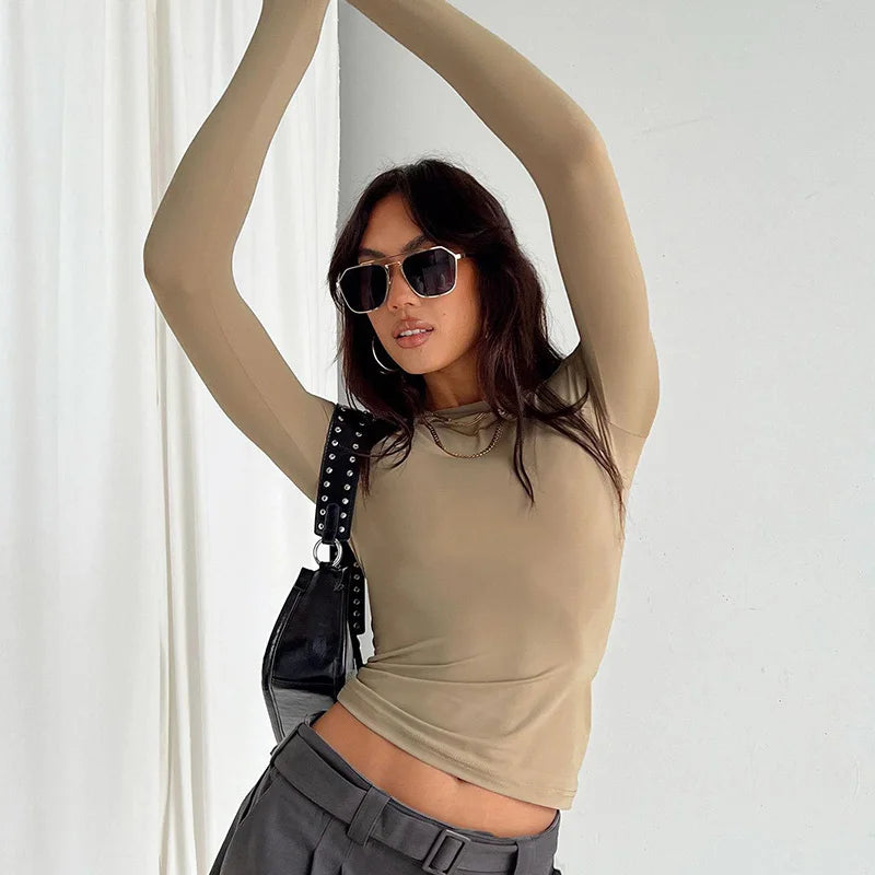 2025 Spring Autumn Women Y2K Pink T-Shirt Causal Long Sleeve Crop Tops O Neck Pullovers Base Tees Bodycon Slim Fit T Shirt