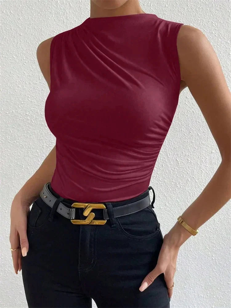 Women's Casual Mock Neck Ruched Tank Top Summer 2025 Solid Color Slim Fit Pleated Sleeveless T Shirt Tee Tshirt Streetwear