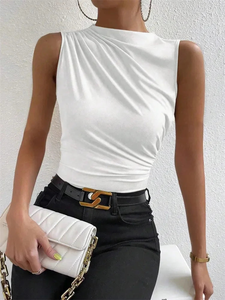 Women's Casual Mock Neck Ruched Tank Top Summer 2025 Solid Color Slim Fit Pleated Sleeveless T Shirt Tee Tshirt Streetwear