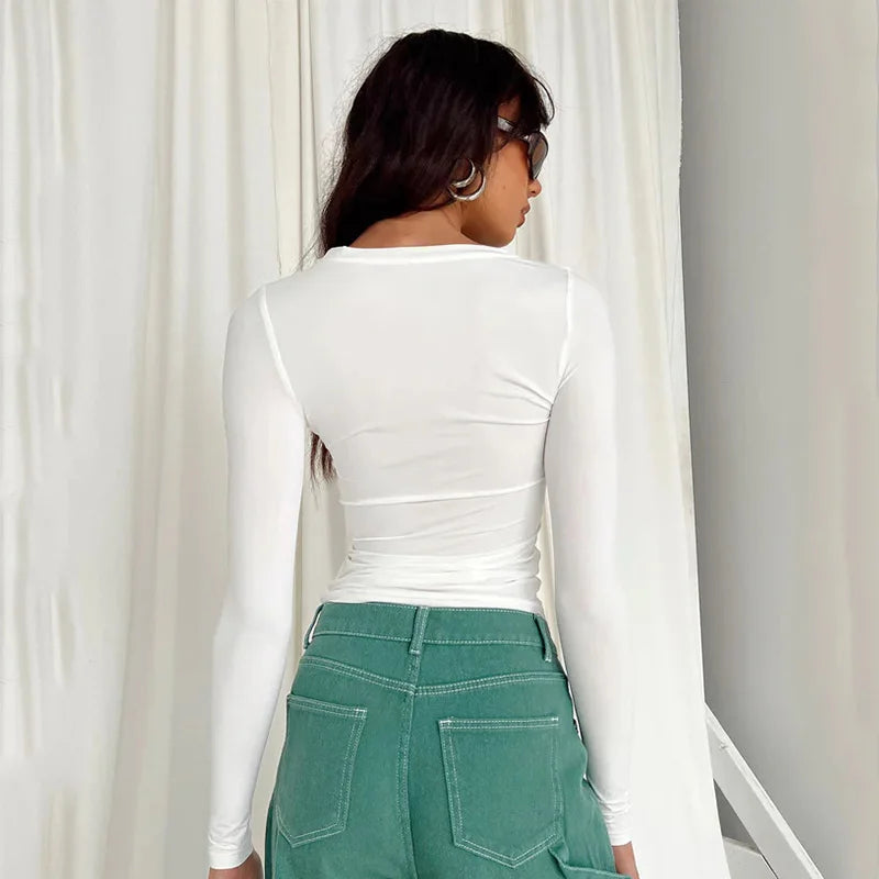 2025 Spring Autumn Women Y2K Pink T-Shirt Causal Long Sleeve Crop Tops O Neck Pullovers Base Tees Bodycon Slim Fit T Shirt
