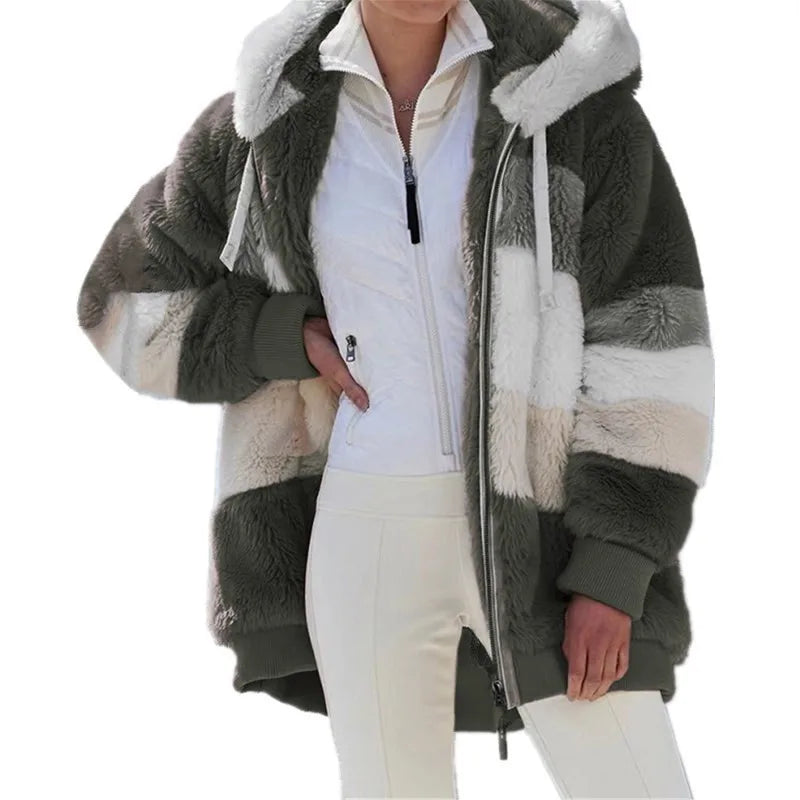 Oversized Jacket for Women 2025 New Autumn Winter Warm Plush Pocket Hooded Streetwear Loose Lady Outerwear Coat Roupas Feminina