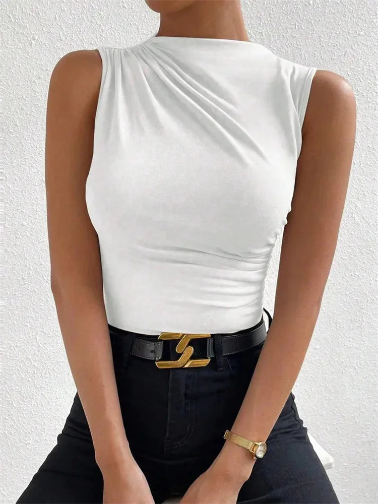 Women's Casual Mock Neck Ruched Tank Top Summer 2025 Solid Color Slim Fit Pleated Sleeveless T Shirt Tee Tshirt Streetwear