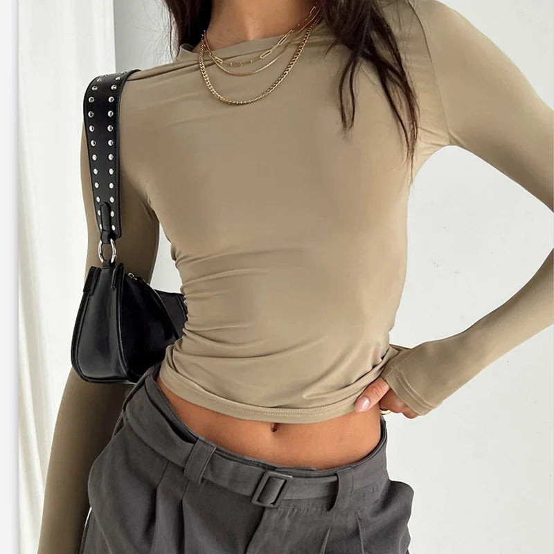 2025 Spring Autumn Women Y2K Pink T-Shirt Causal Long Sleeve Crop Tops O Neck Pullovers Base Tees Bodycon Slim Fit T Shirt
